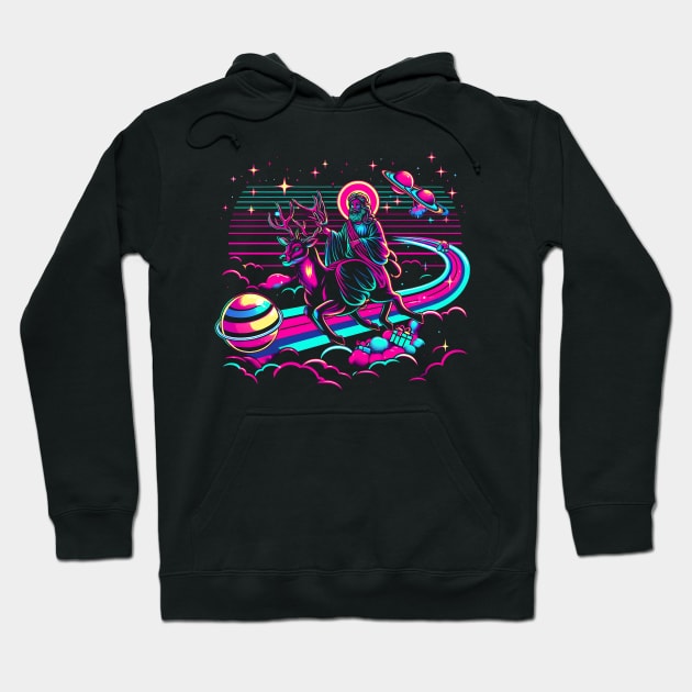 COOL JESUS RIDING RAINDEER RAINBOW RETRO 80'S NEON VIBE Hoodie by athirdcreatives